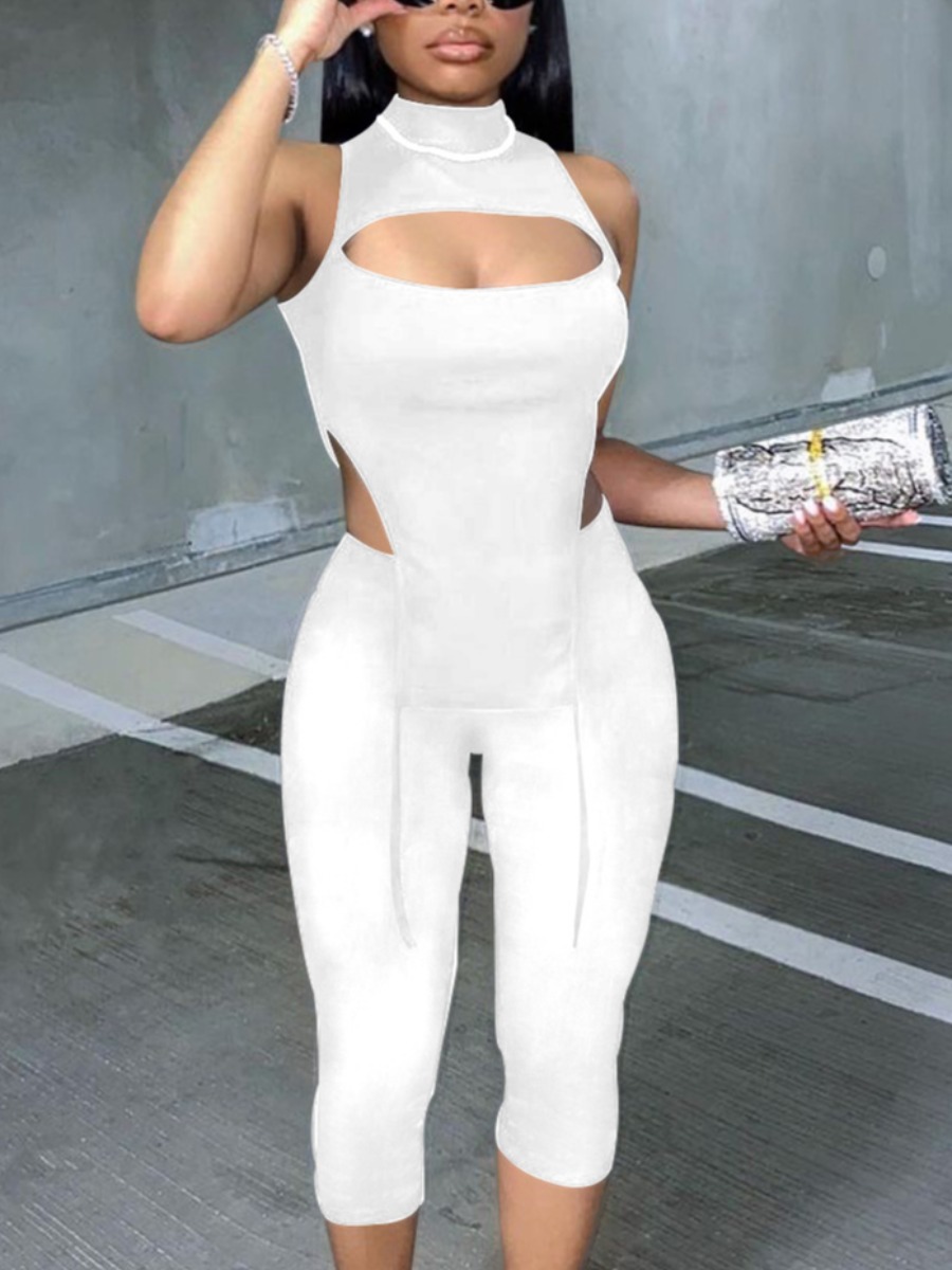

Lovely Street Turtleneck Hollow-out White Two Piece Pants Set