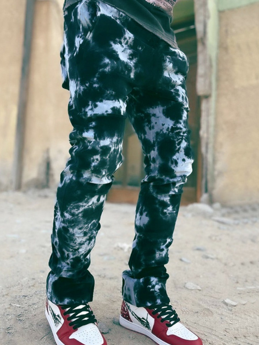 

LW Men Street Mid Waist Tie-dye Black Green Jeans
