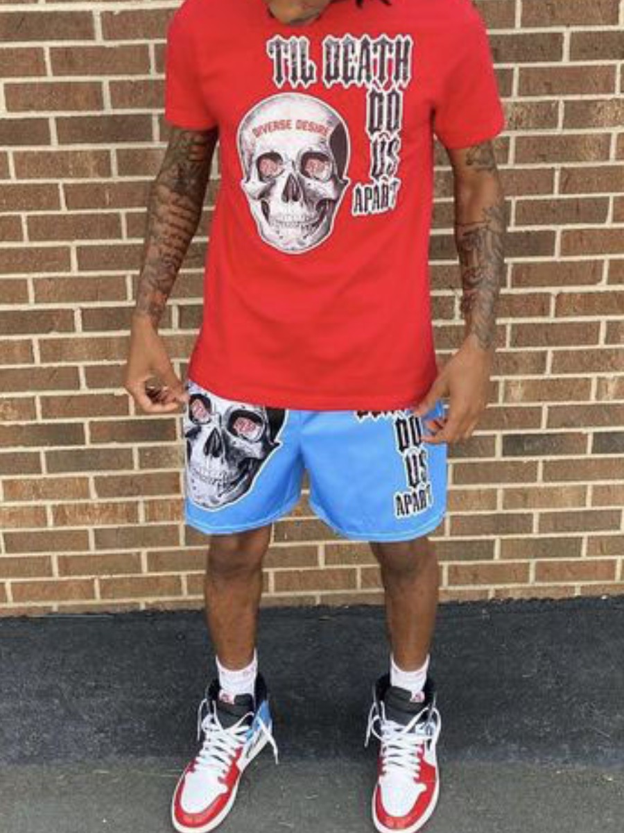 

Lovely Men Casual Skull Head Letter Print Red Two Piece Shorts Set