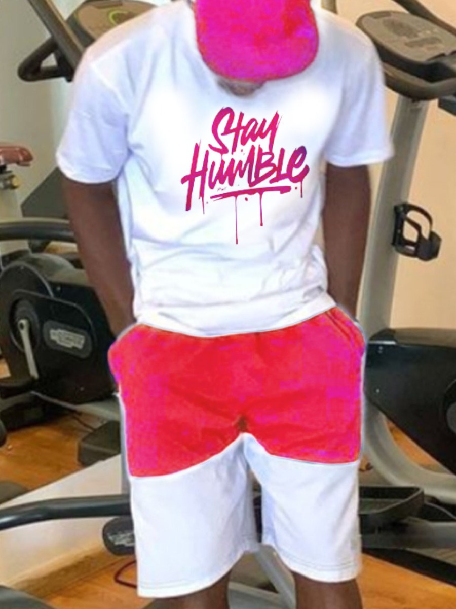 

LW Men Casual Letter Print Drawstring Pink Two Piece Shorts Set