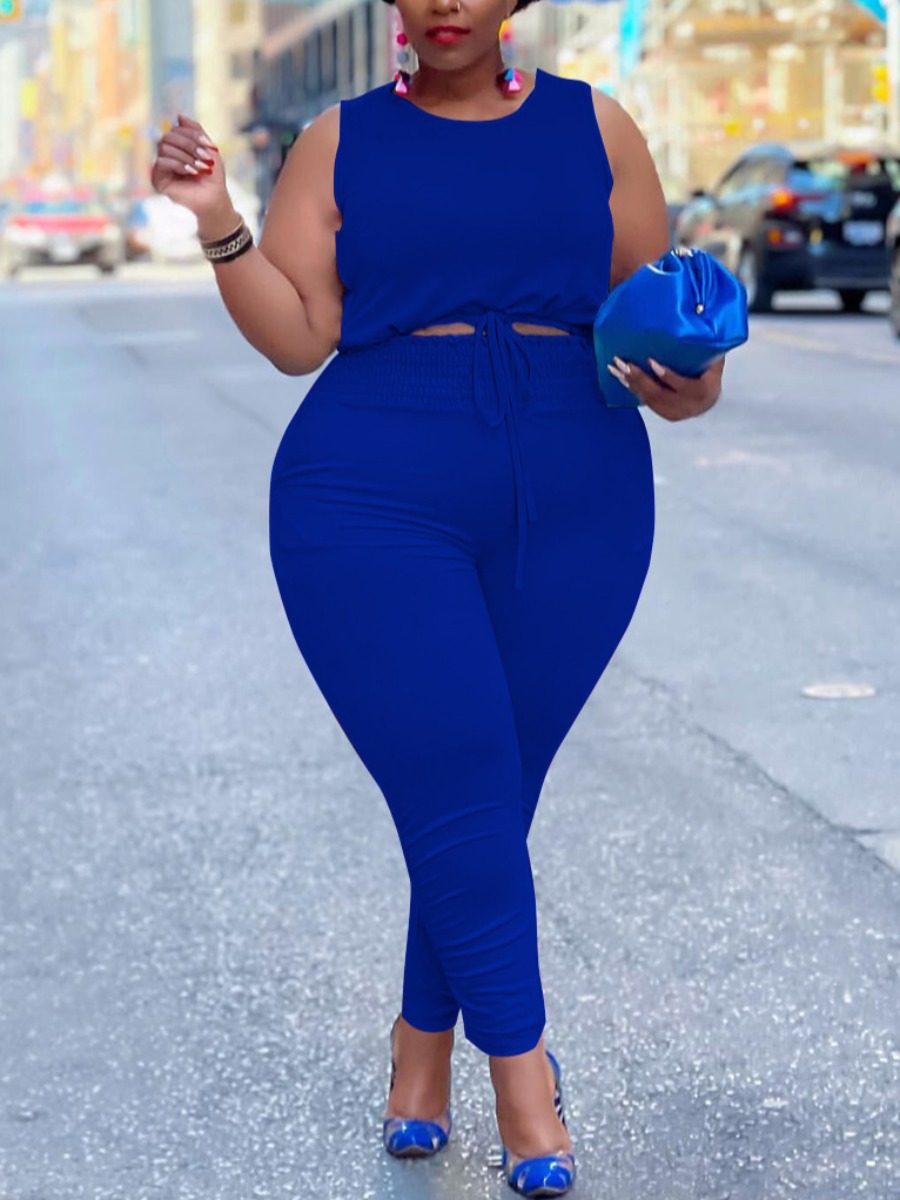 

Lovely Plus Size Sporty Round Neck Drawstring Royalblue Two-piece Pants Set
