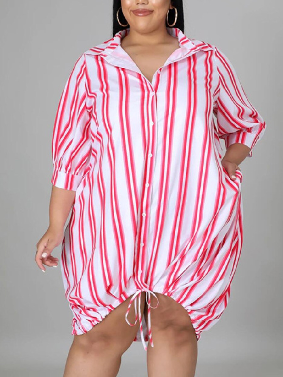 

LW Plus Size Casual Striped Drawstring Rose Red Knee Length Dress
