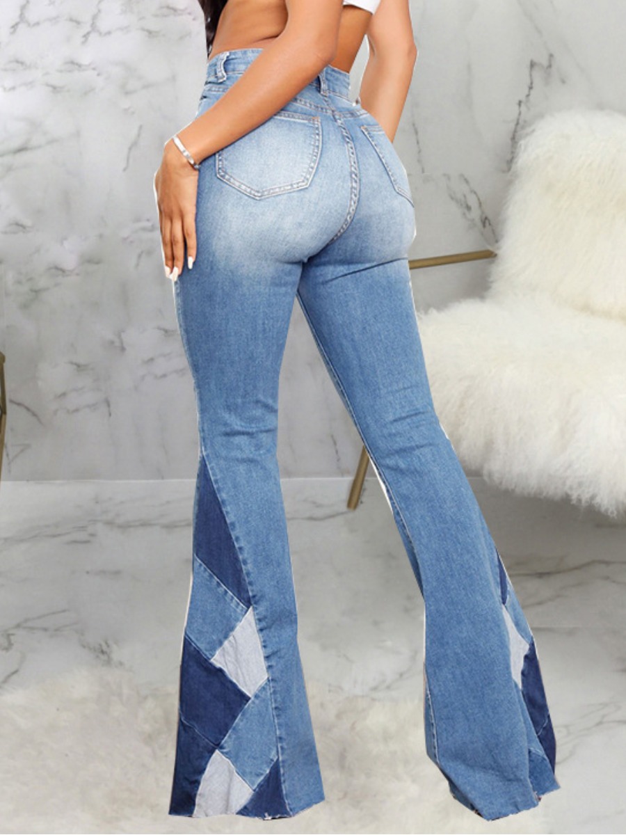 

Lovely Casual Color-lump Flared Blue Jeans
