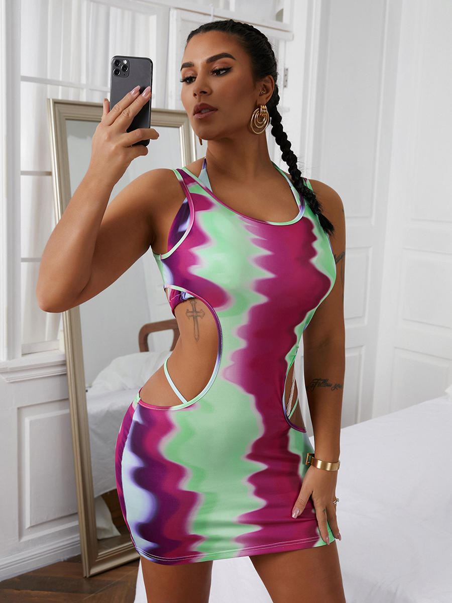 

Lovely Sexy Tie-dye Hollow-out Multicolor Mini Dress, Multi