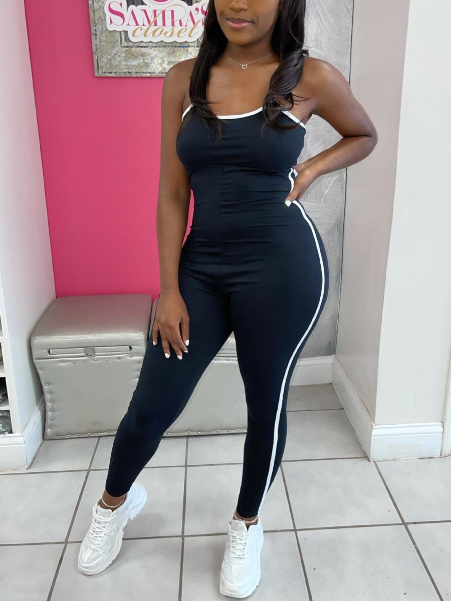 

Lovely Sporty Striped Hollow-out Black One-piece Jumpsuit