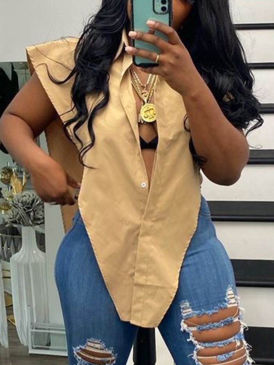 

Lovely Casual Turndown Collar Split Khaki Blouse