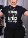 LW Casual Camo Letter Print Black T-shirt