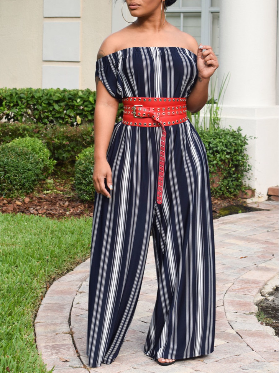 

LW Street Off The Shoulder Striped Deep Blue One-piece Jumpsuit