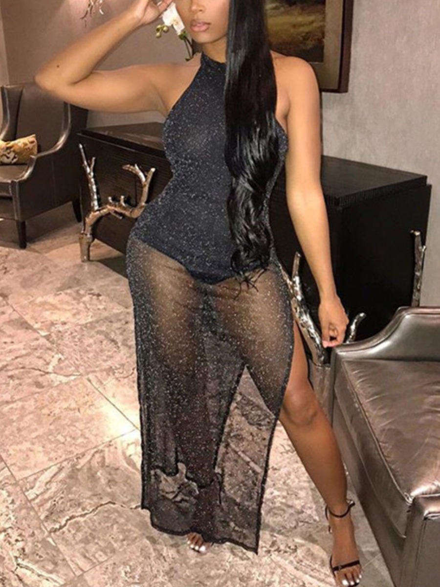 

Lovely Romantic Backless Sequined Slit Black Ankle Length Dress