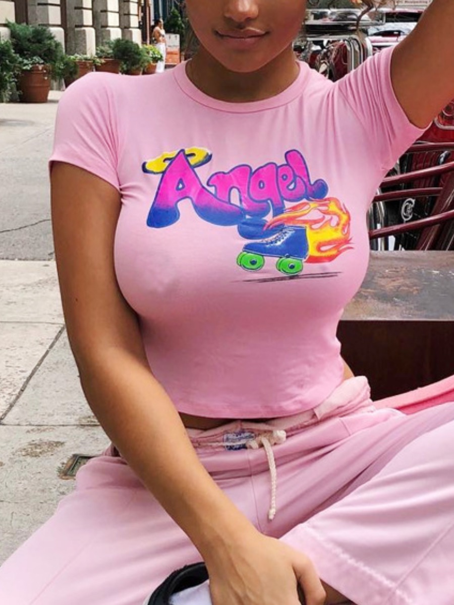 

Lovely Street Round Neck Letter Print Pink T-shirt
