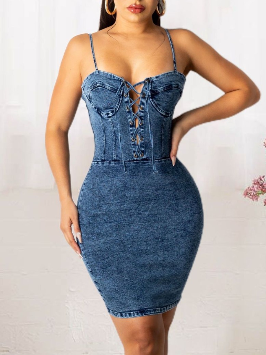 

Lovely Casual Hollow-out Bandage Design Deep Blue Knee Length Denim Dresses