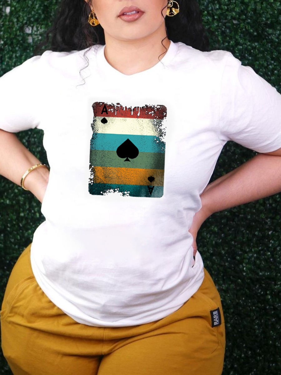

Lovely Casual Round Neck Poker Card Print White T-shirt