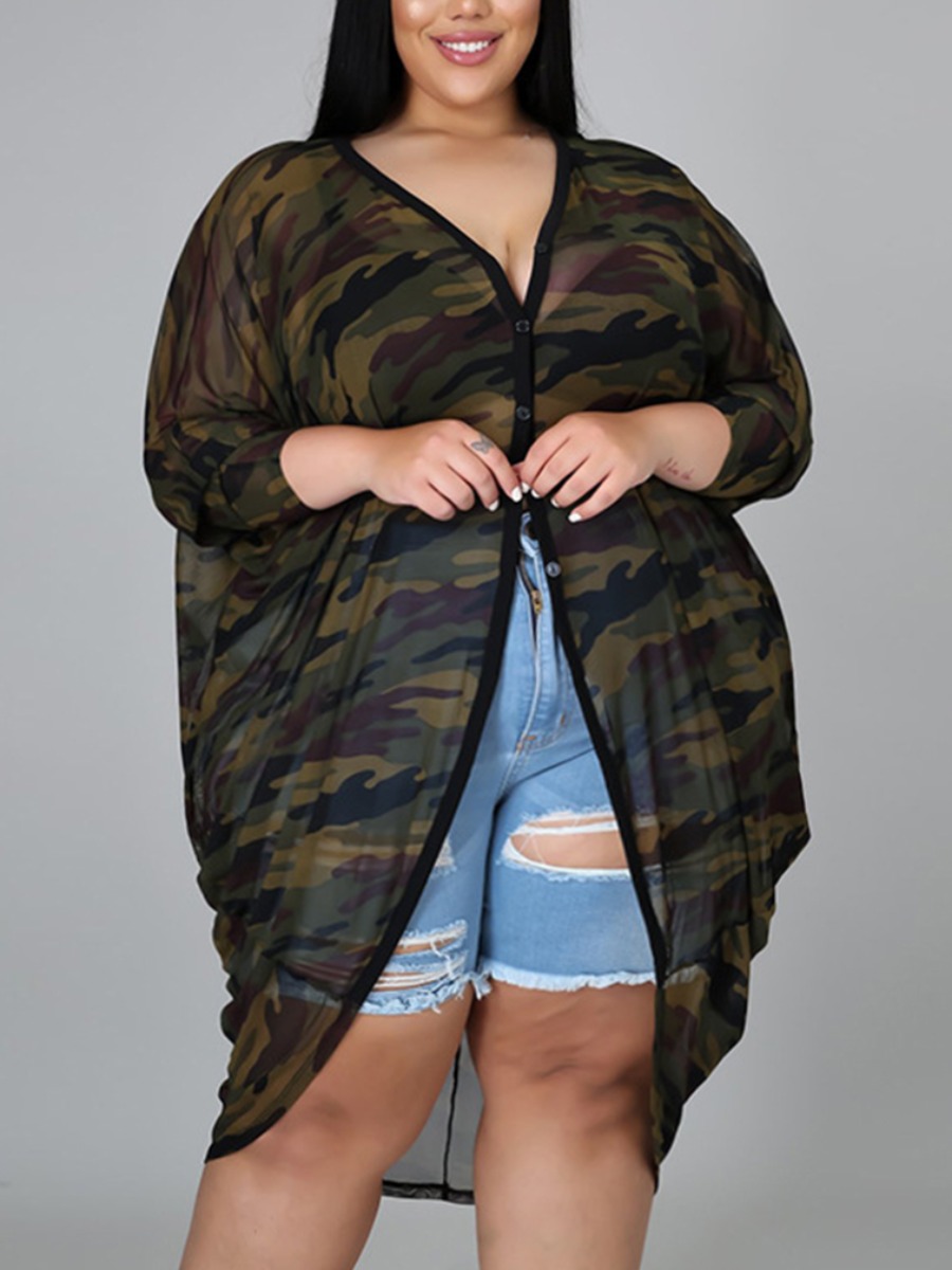 

LW Plus Size Casual Camo Print See-through Olive Blouse