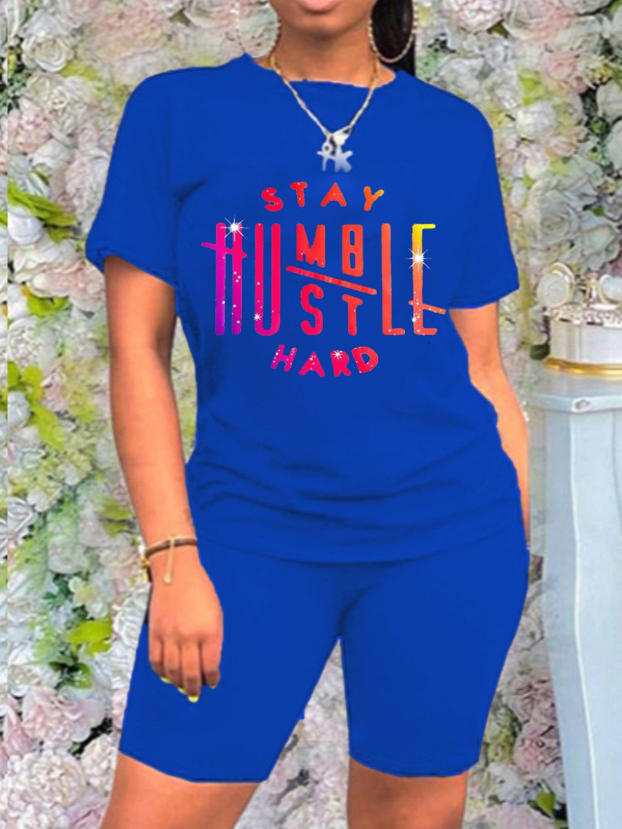 

Lovely Casual Round Neck Letter Print Blue Two Piece Shorts Set