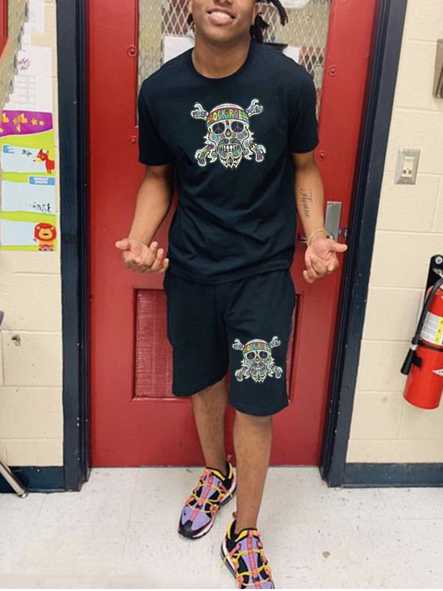 

LW Men Casual Round Neck Skeleton Print Black Two Piece Shorts Set