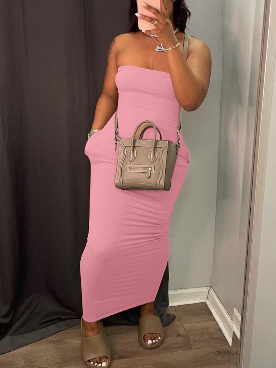 

Lovely Casual Off The Shoulder Skinny Pink Ankle Length Dress