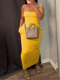 LW BASICS Casual Off The Shoulder Pocket Design Yellow Ankle Length Dress