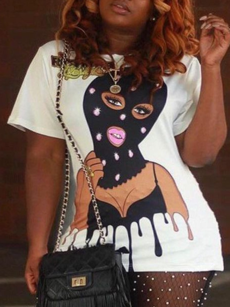 

Lovely Casual Round Neck Figure Print White T-shirt
