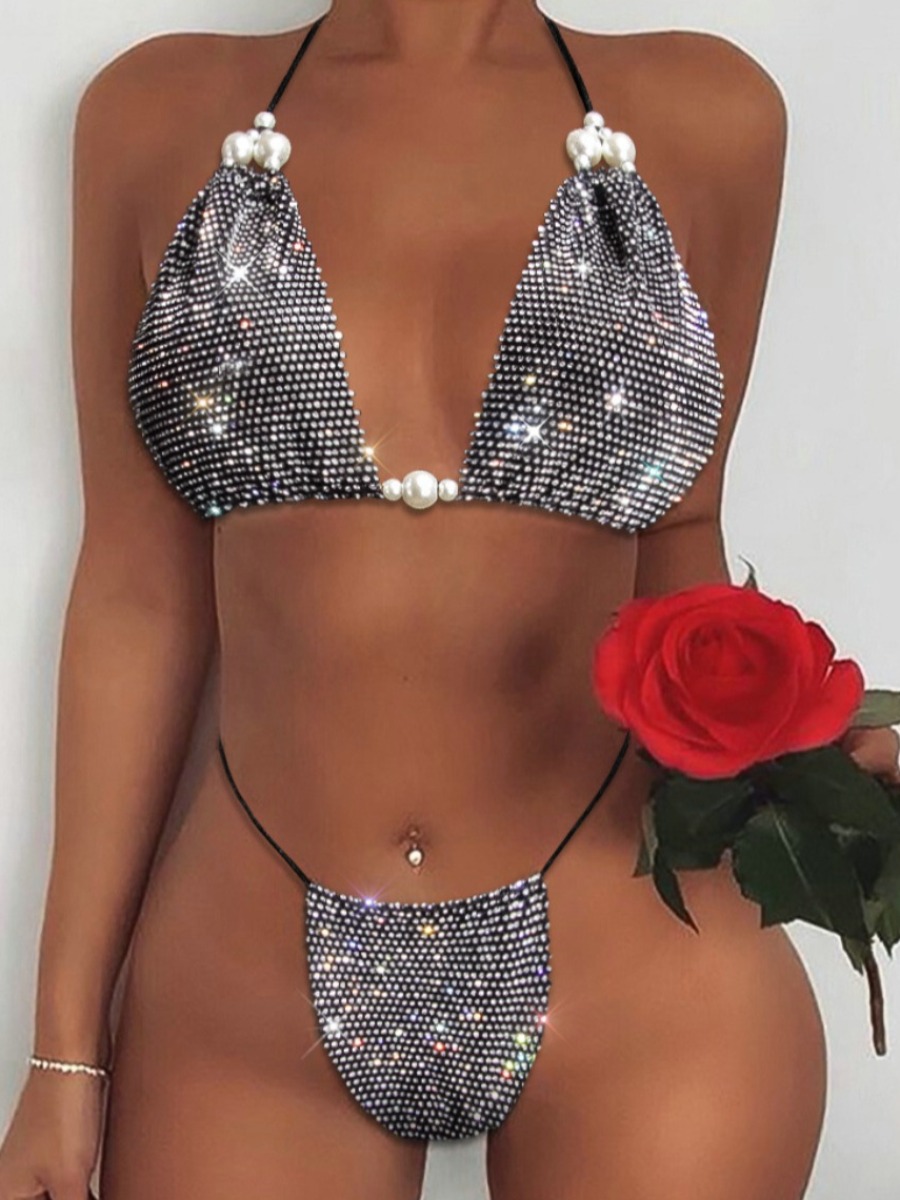 

LW SXY Sequined Pearl Decoration Black Bra Set