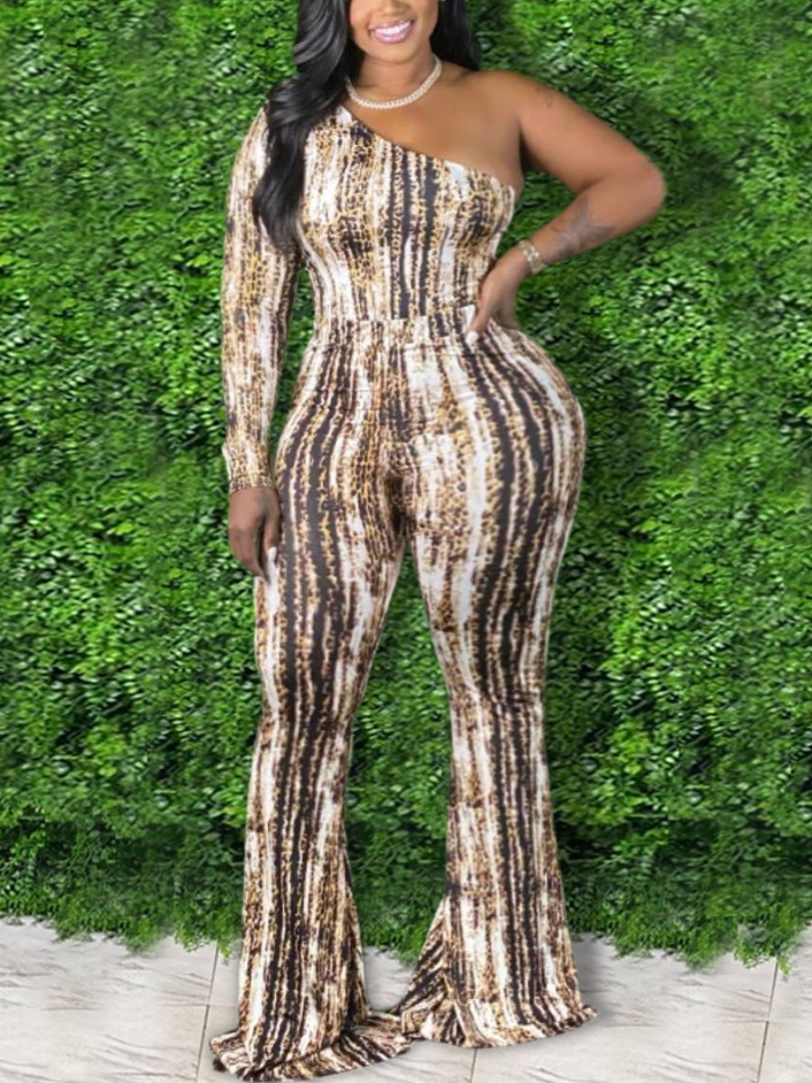 

LW Plus Size Boho One Shoulder Striped Brown One-piece Jumpsuit