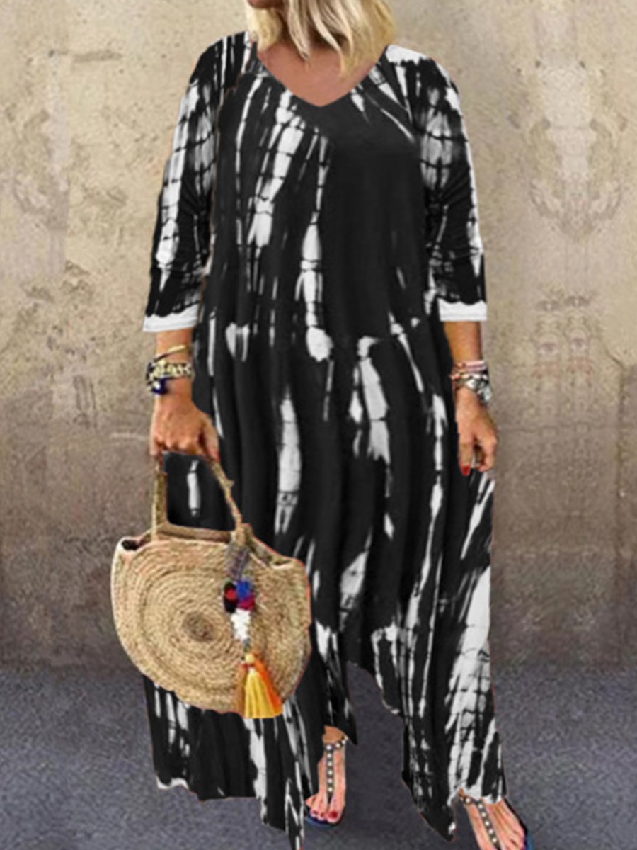 

LW Plus Size Casual Tie-dye Flounce Design Black Ankle Length Dress