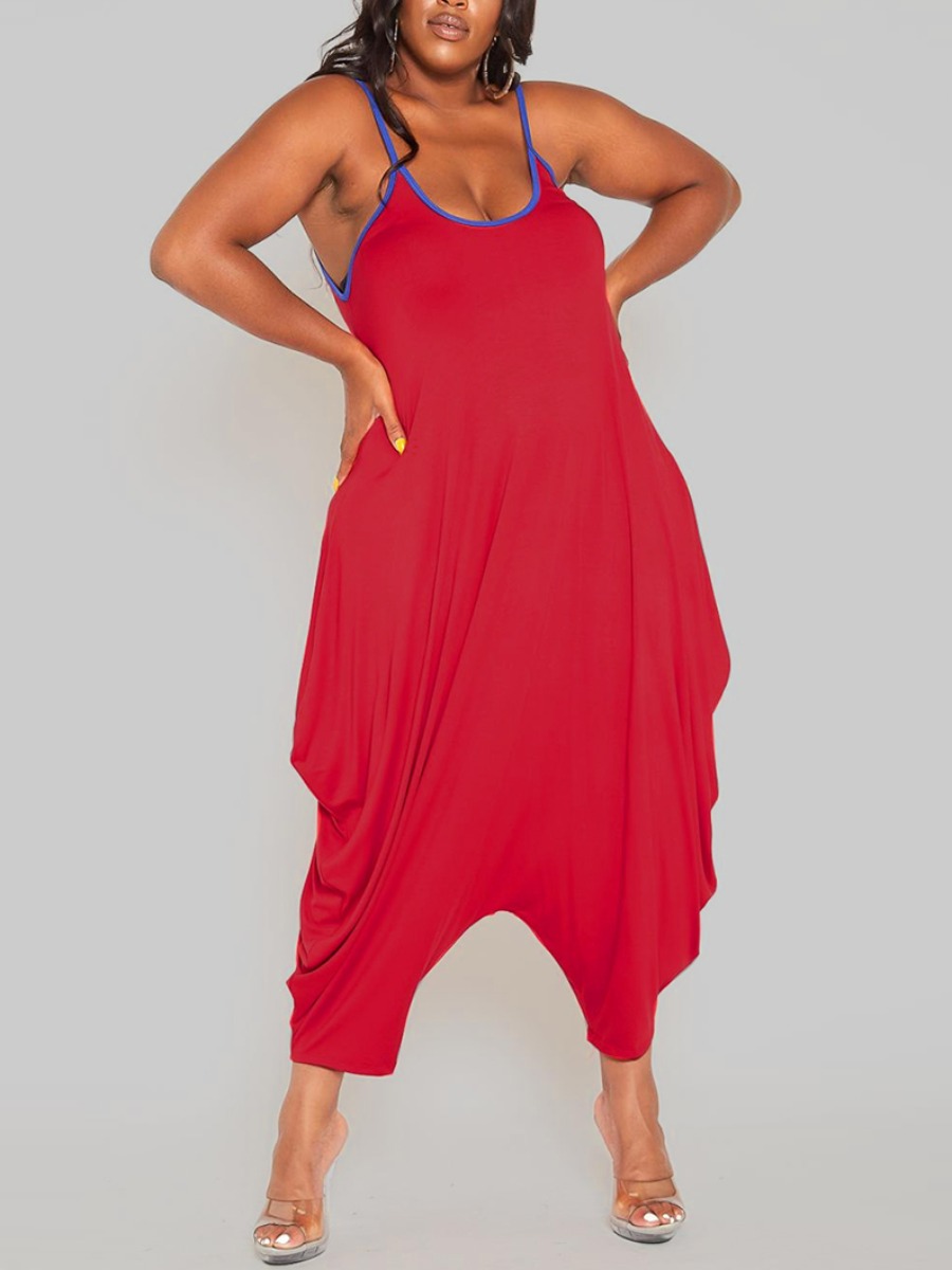

LW Plus Size Casual Striped Loose Red One-piece Jumpsuit