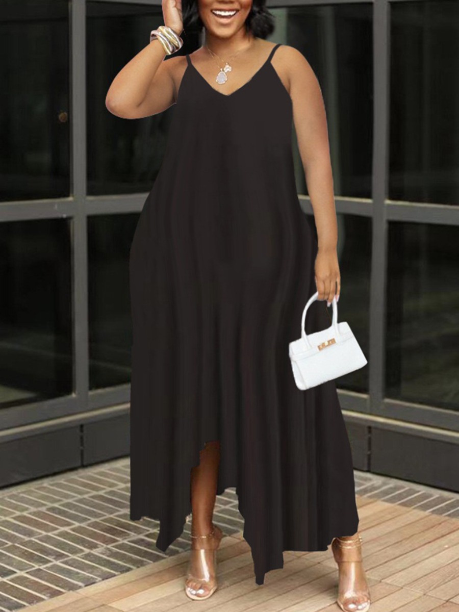

Lovely Plus Size Casual Asymmetrical Flounce Design Black Ankle Length Dress