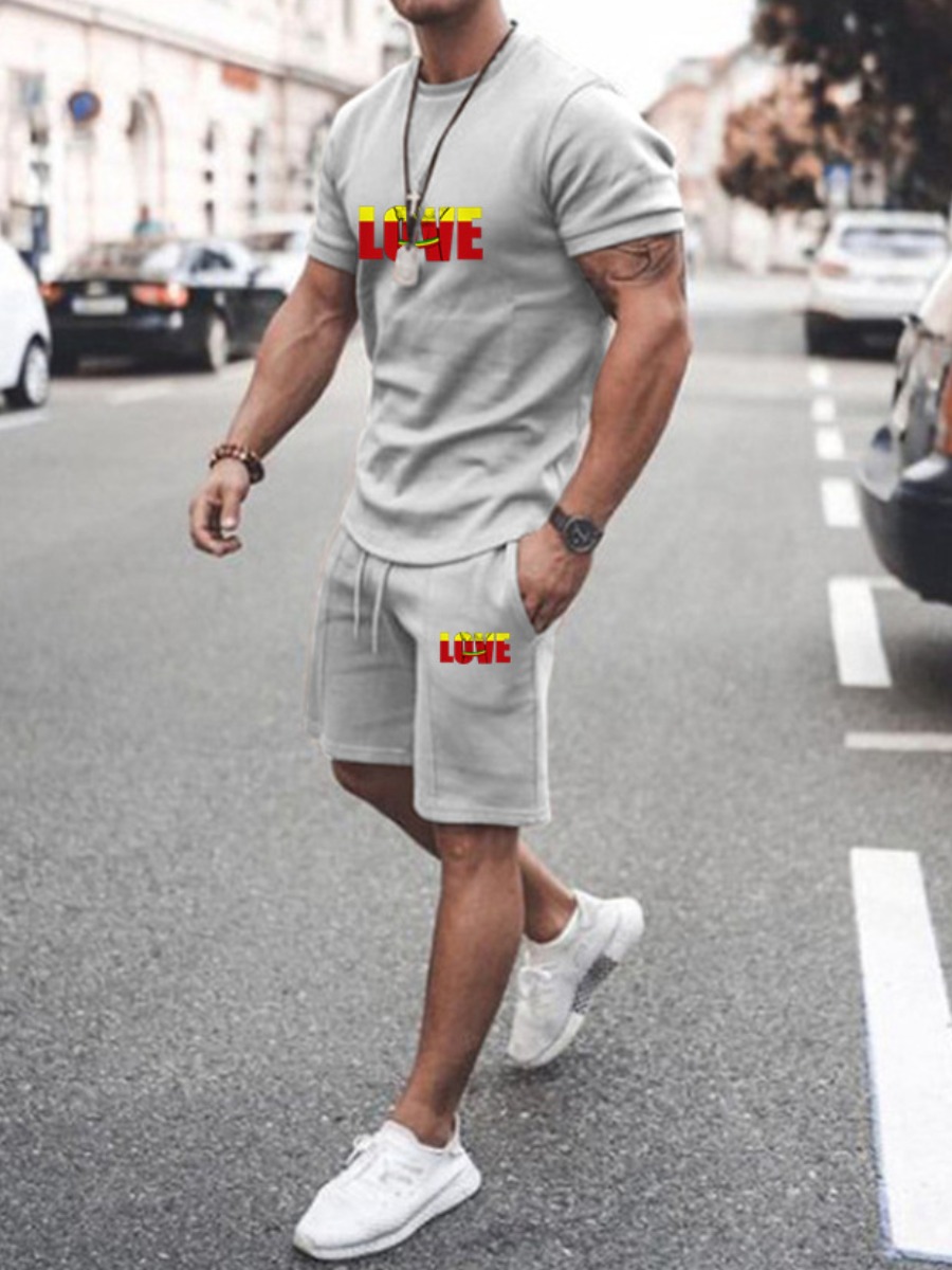 

Lovely Men Letter Print Drawstring Two Piece Shorts Set, Dark grey