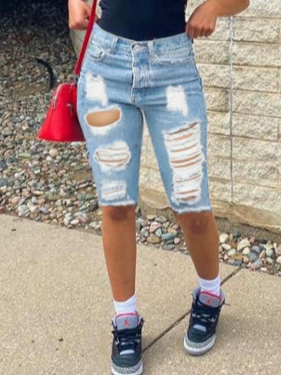 Lovely Mid Waist Ripped Denim Shorts, Baby blue
