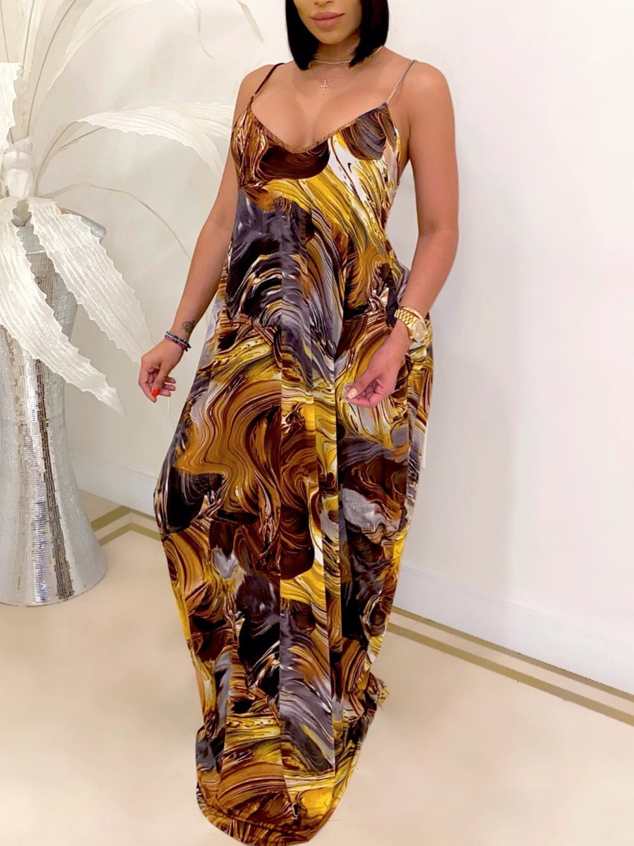 

LW BASICS Tie-dye Backless Dress (With Headscarf), Brown