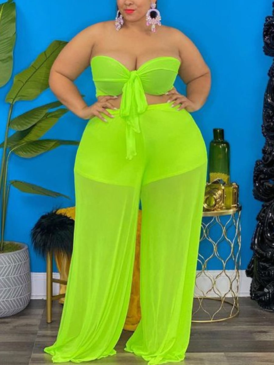 

LW Plus Size See-through Bandage Design Two-piece Pants Set, Green