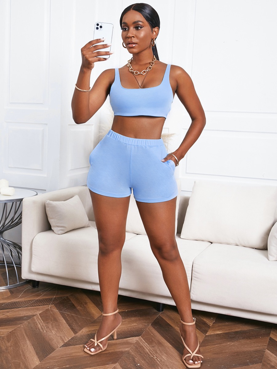 

LW COTTON Sexy U Neck Backless Blue Two Piece Shorts Set