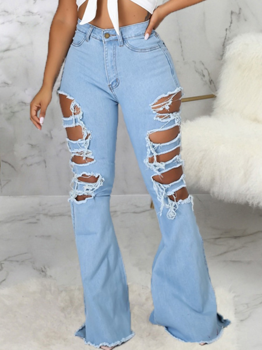 

LW Ripped Raw Edge Flared Jeans, Baby blue