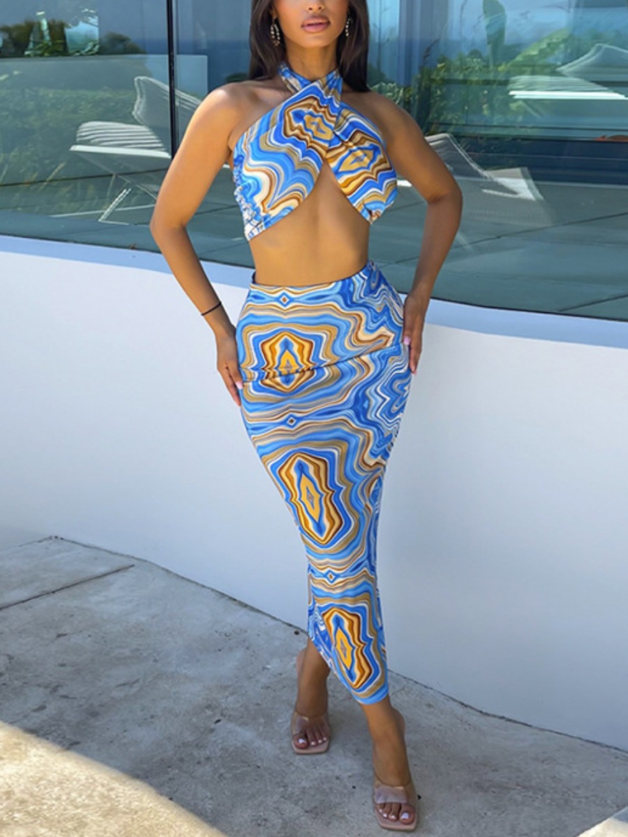 

LW SXY Off The Shoulder Striped Two Piece Skirt Set, Baby blue