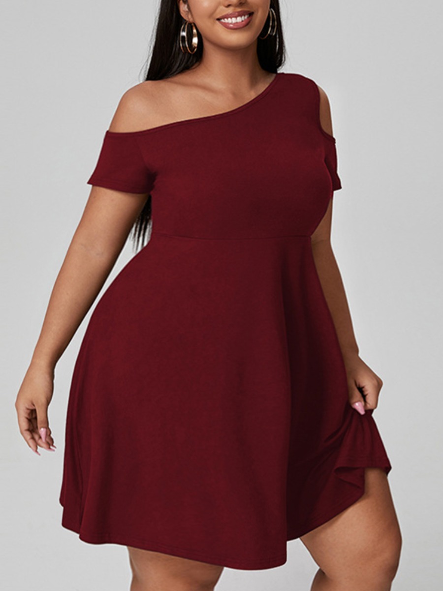 

Lovely Plus Size Boat Neck Hollow-out A Line Dress, Wine red