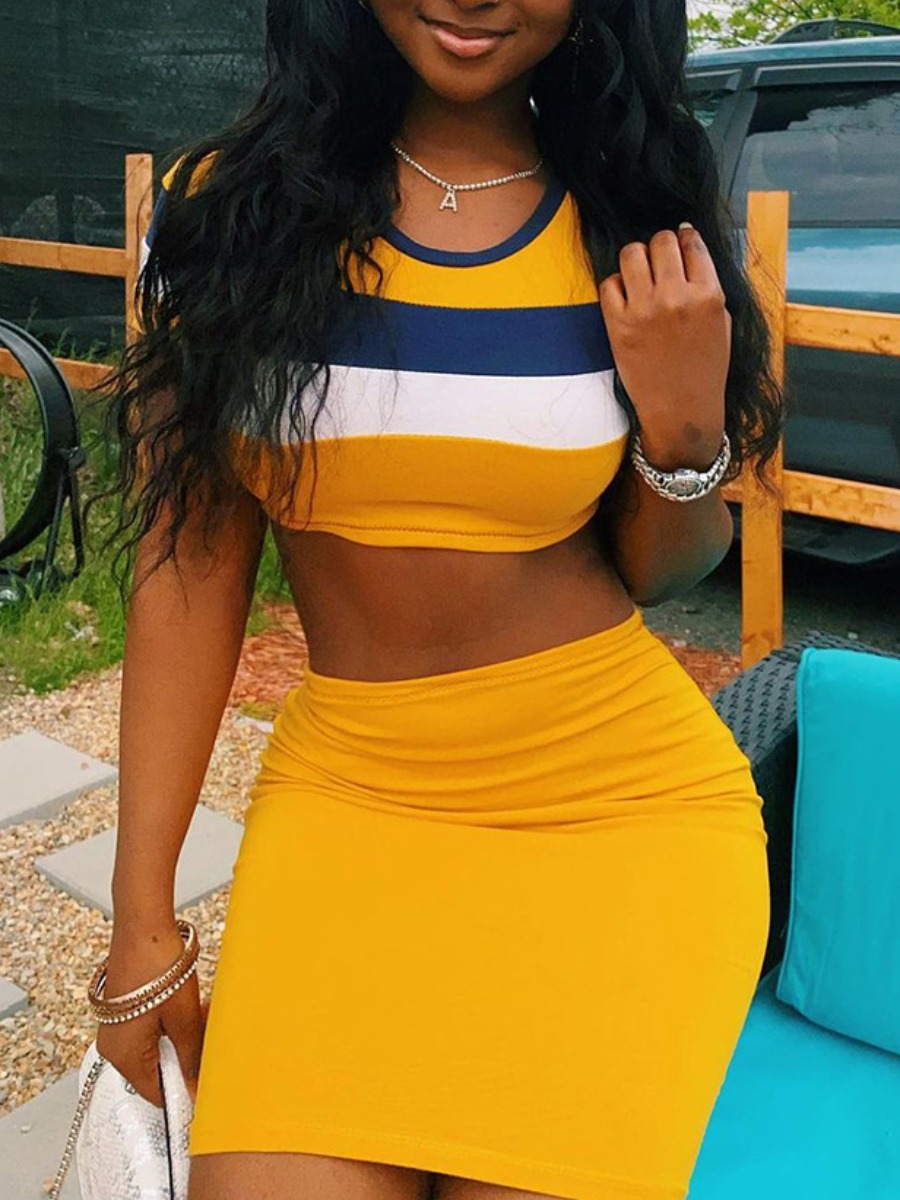 

LW Striped Crop Top Two Piece Skirt Set, Yellow