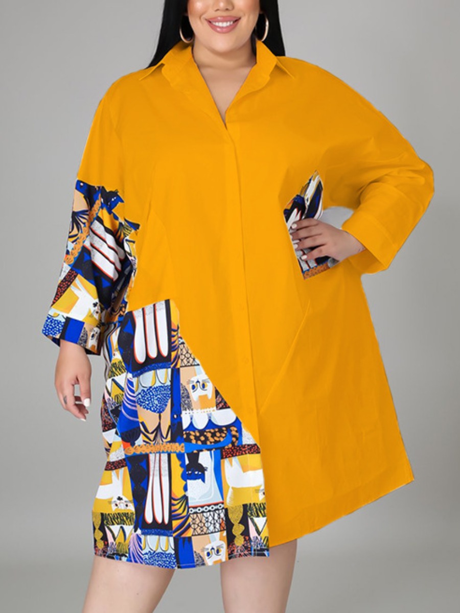 

LW Plus Size Color-lump Patchwork Shirt Dress, Yellow