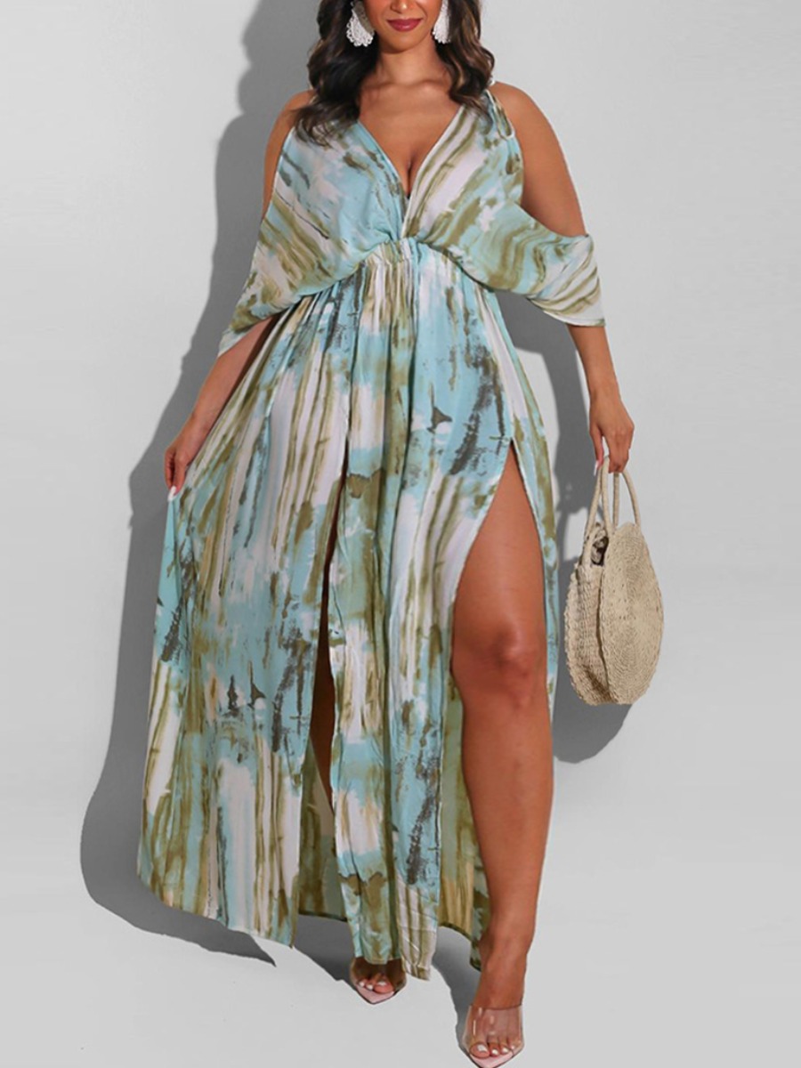 

LW Plus Size V Neck High Split Dress, Green