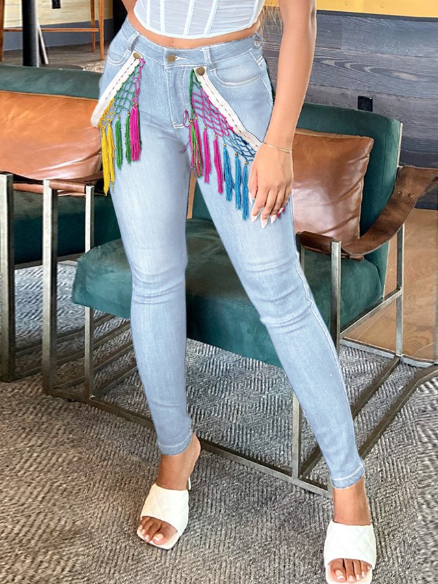 

LW Stretch Tassel Design Patchwork Jeans, Baby blue