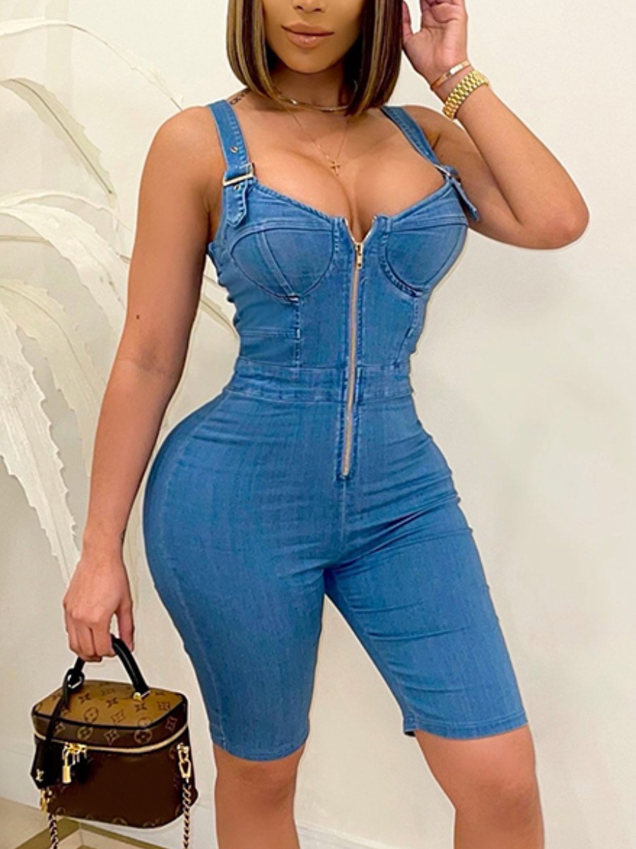 

LW SXY Buckle Zipper Design One-piece Denim Romper, Baby blue