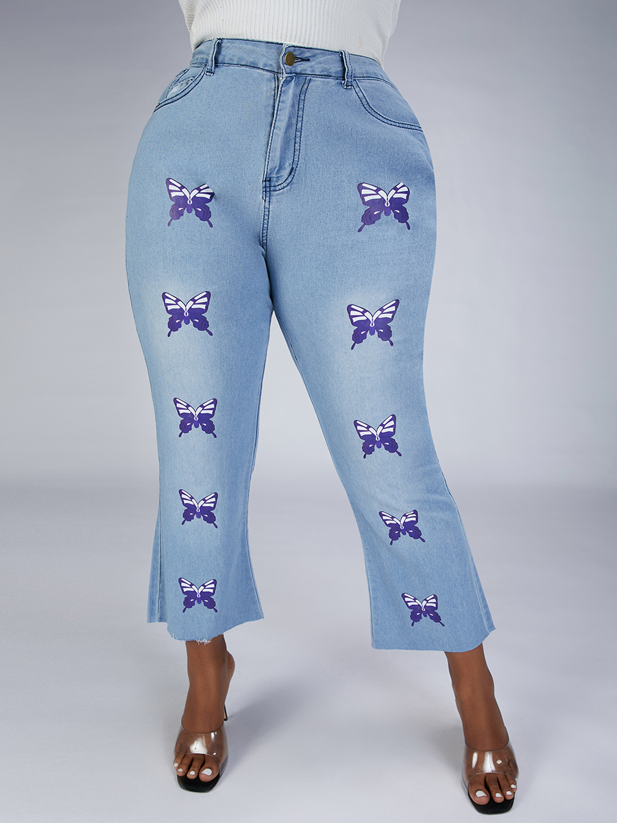 

Lovely Plus Size Butterfly Print Raw Edge Jeans, Baby blue