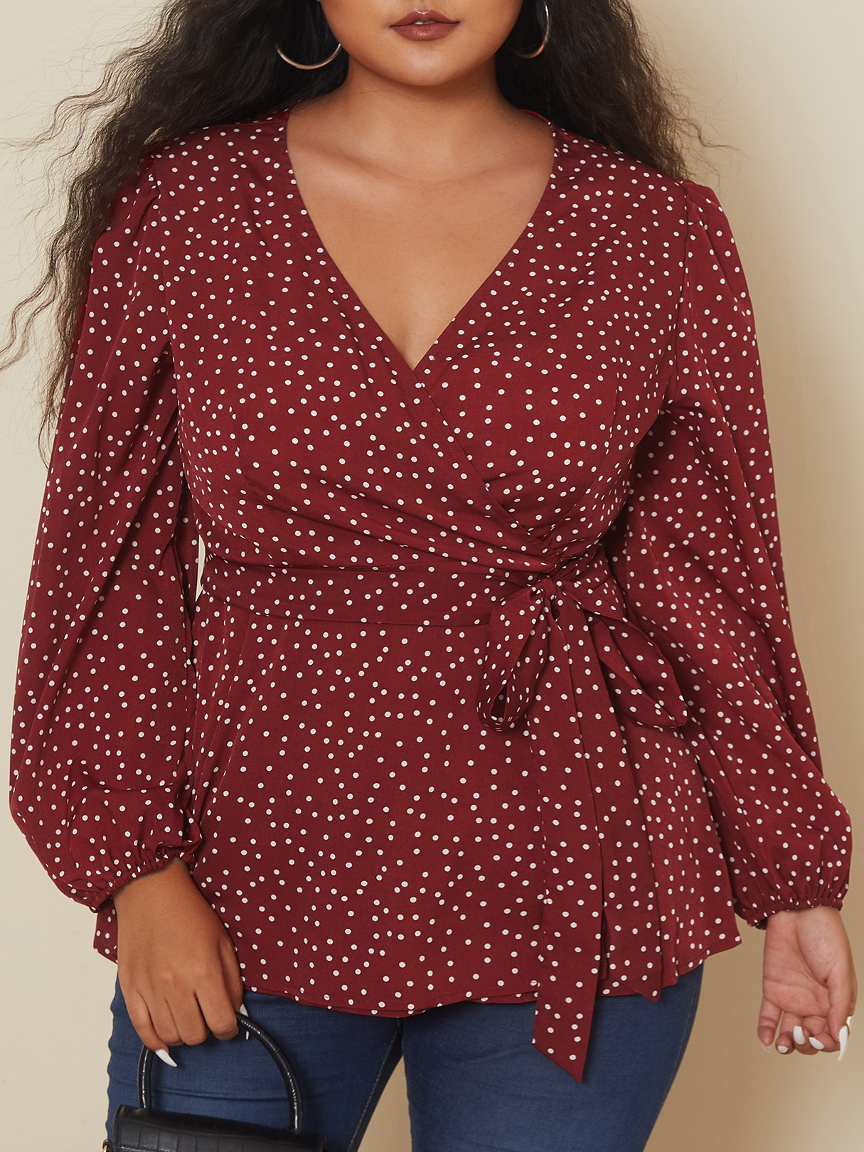 

LW Plus Size Boho Dot Print Bandage Design Wine Red Blouse