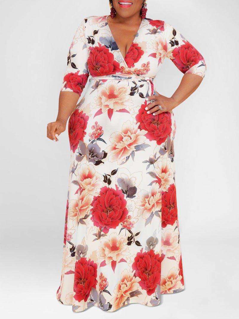 

Lovely Plus Size Boho V Neck Floral Print Beige Floor Length A Line Dress