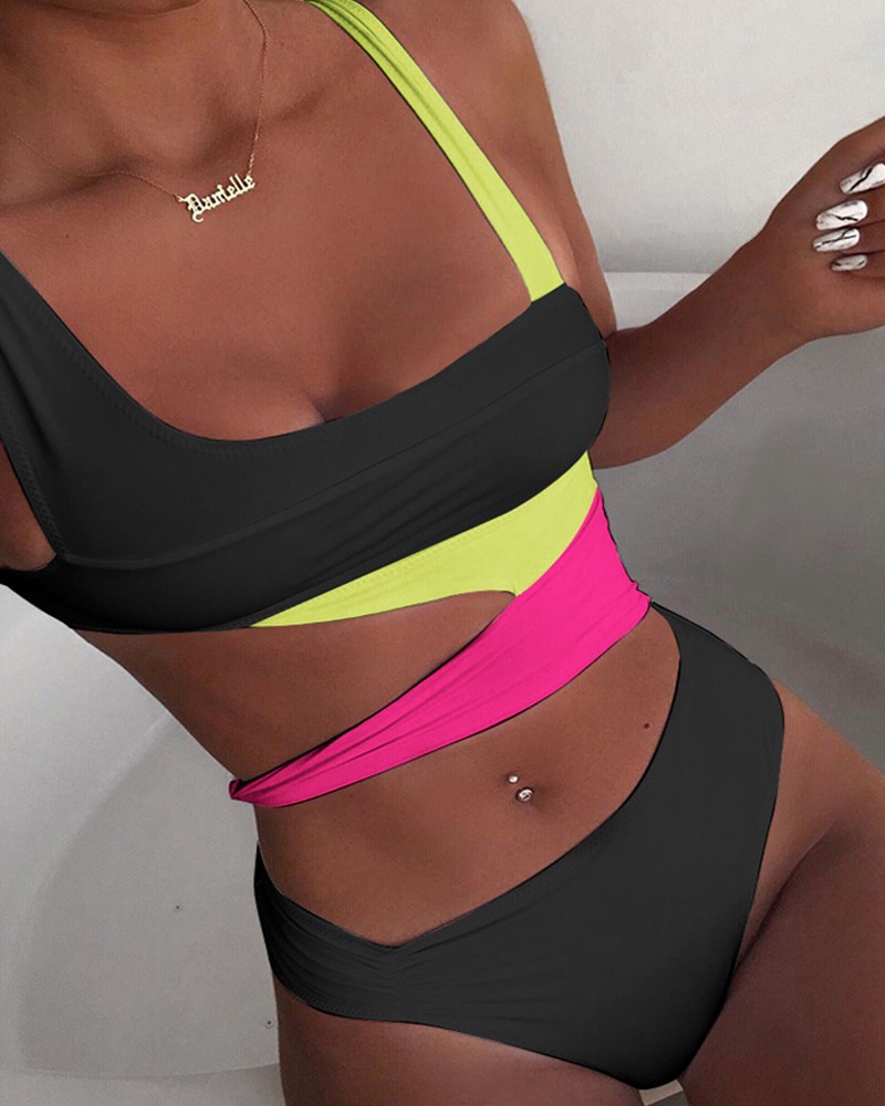

Lovely Boho Color-lump Hollow-out Black One-piece Swimsuit