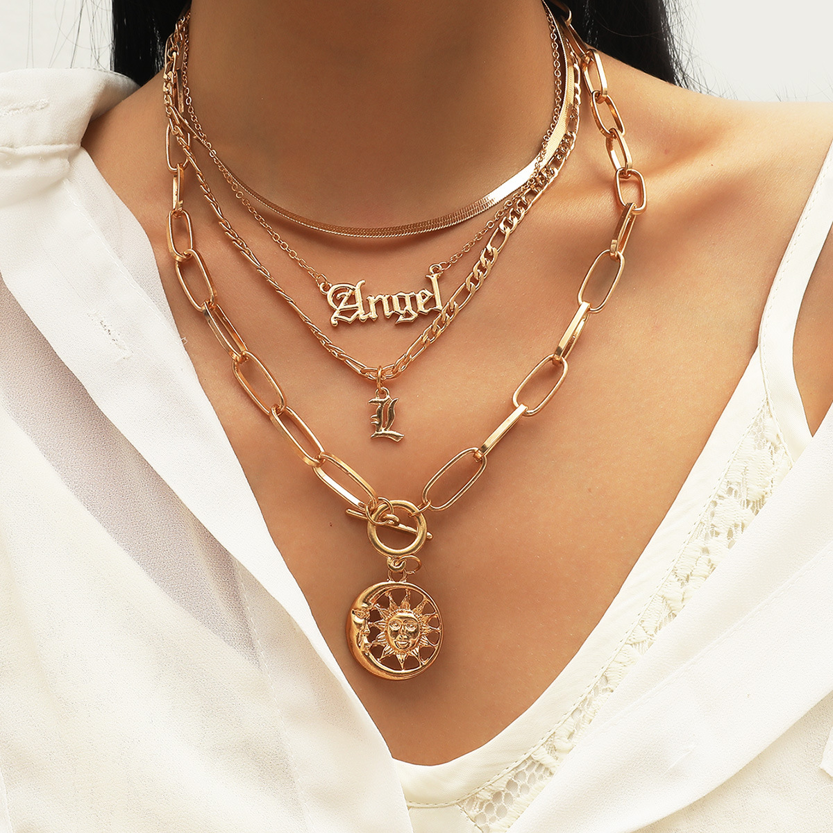 

LW Chain Letter Decoration Multilayer Necklace, Golden yellow