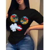 LW COTTON Chic O Neck Print Black T-shirt