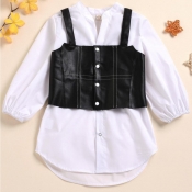 LW Girl Casual Button Design White Two Piece Dress