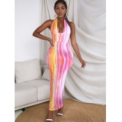 LW SXY Mixed Print Backless Pink Ankle Length Dres