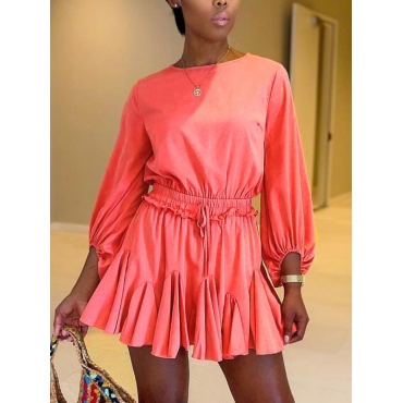 

LW Sweet Round Neck Ruffle Design Pink Mini A Line Dress