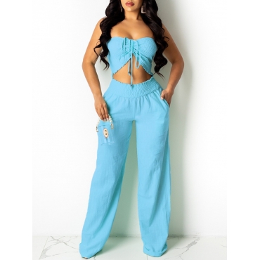 

Lovely Sweet Off The Shoulder Drawstring Blue Two Piece Pants Set